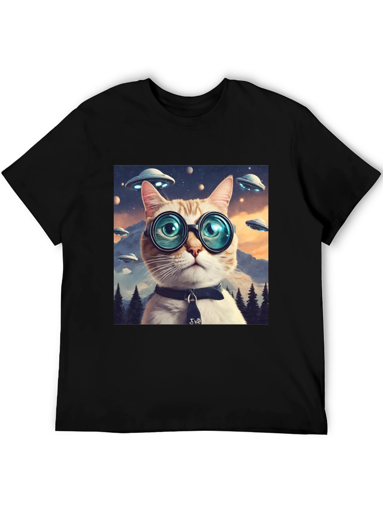 Cosmic Cat T-Shirt - UFOs and Glasses
