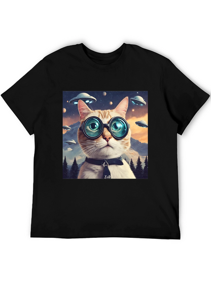 Cosmic Cat T-Shirt - UFOs and Glasses