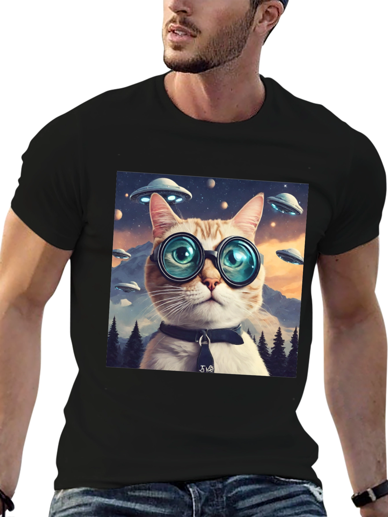 Cosmic Cat T-Shirt - UFOs and Glasses