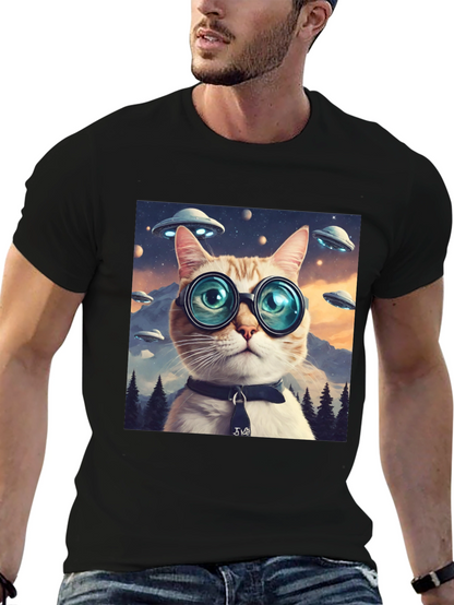 Cosmic Cat T-Shirt - UFOs and Glasses