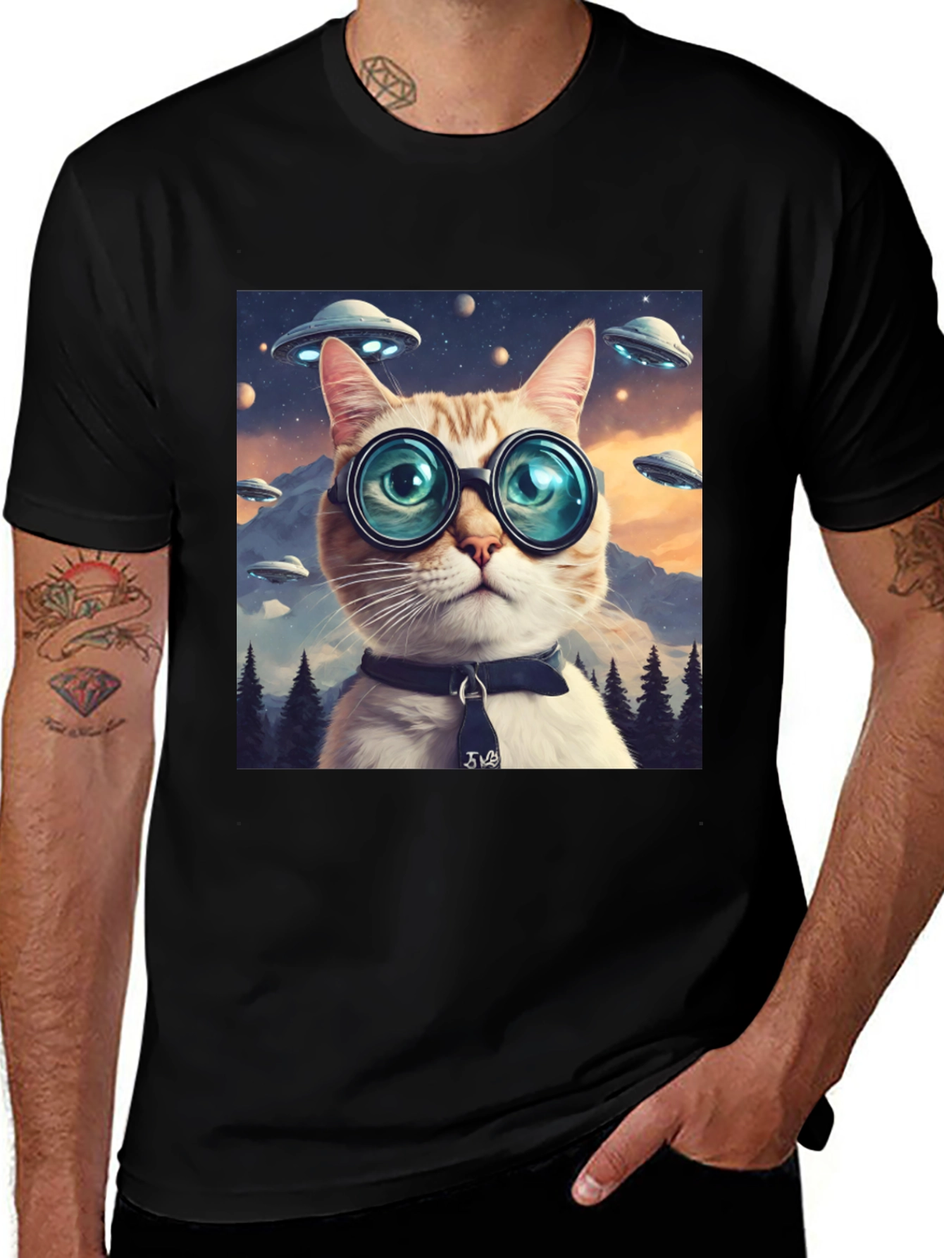 Cosmic Cat T-Shirt - UFOs and Glasses