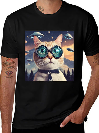 Cosmic Cat T-Shirt - UFOs and Glasses