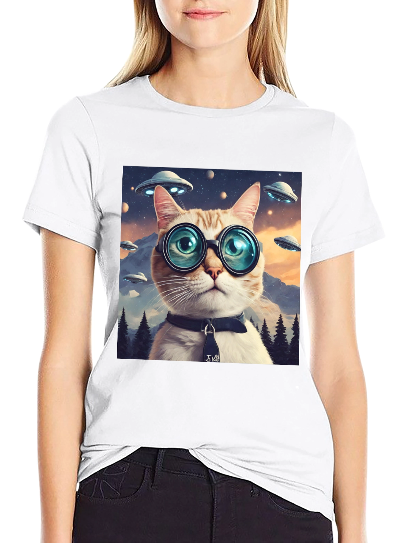 Cosmic Cat T-Shirt - UFOs and Glasses
