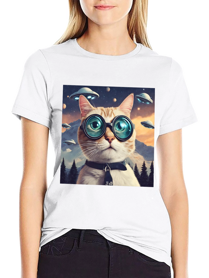 Cosmic Cat T-Shirt - UFOs and Glasses