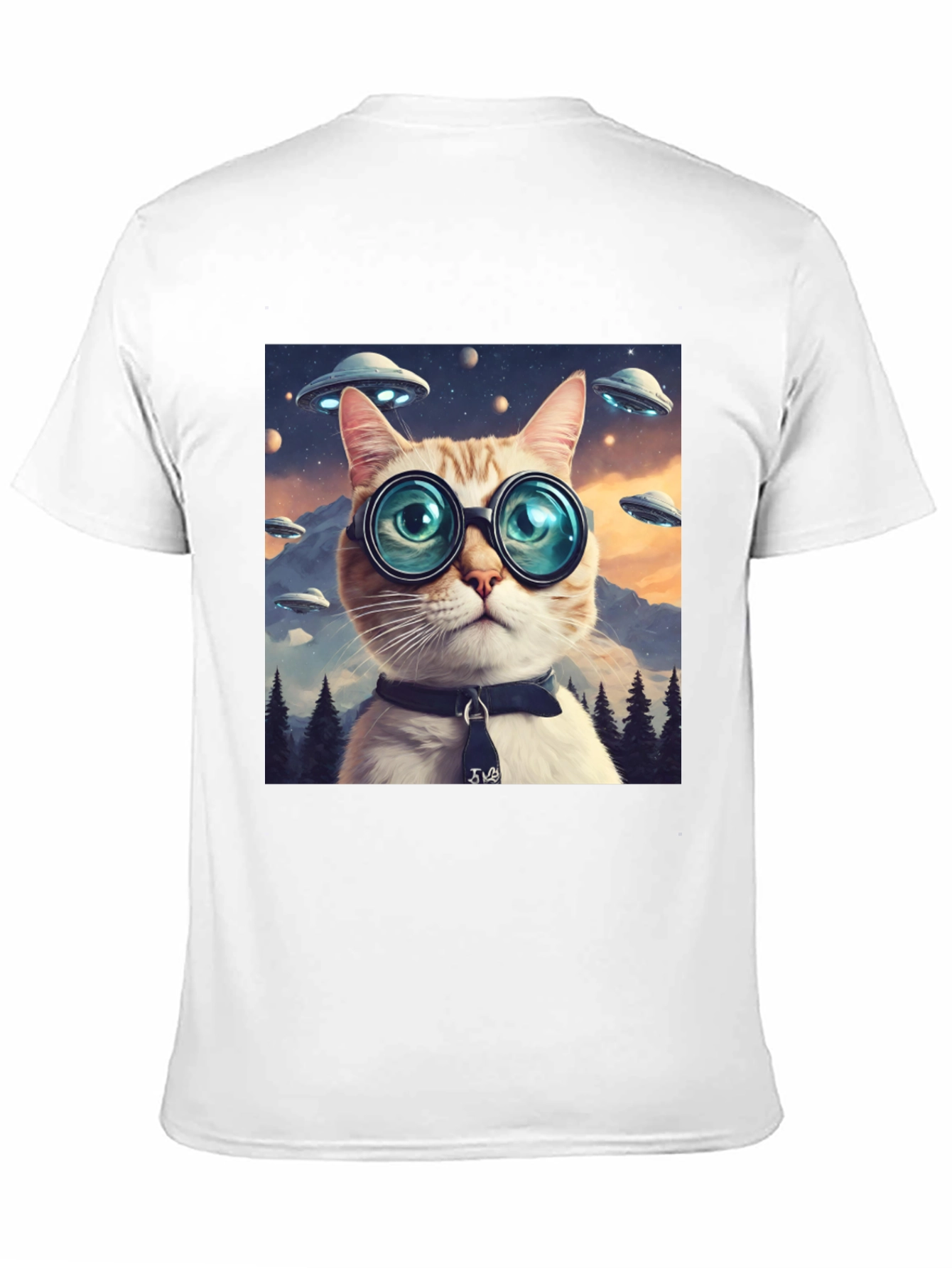 Cosmic Cat T-Shirt - UFOs and Glasses