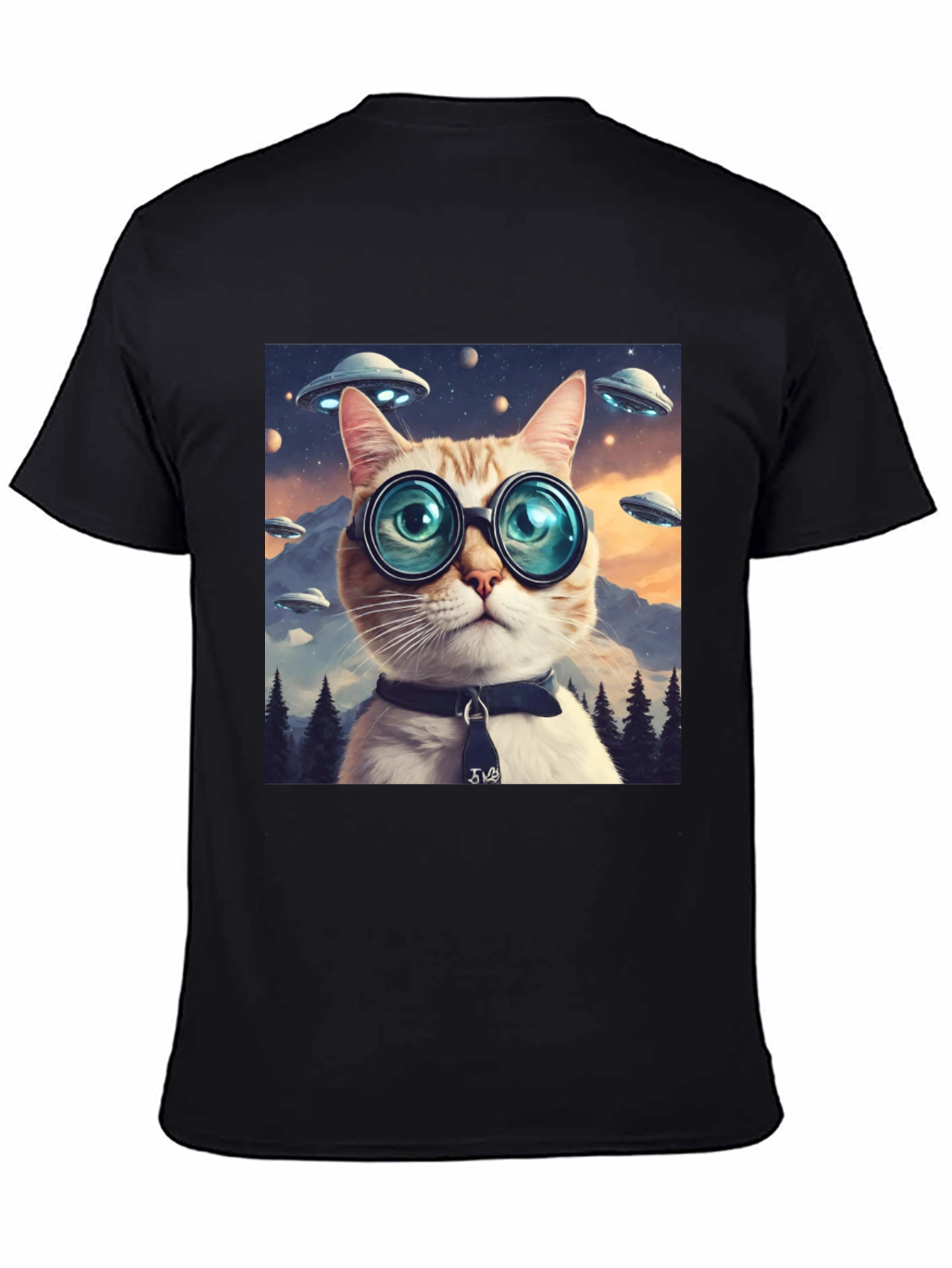Cosmic Cat T-Shirt - UFOs and Glasses