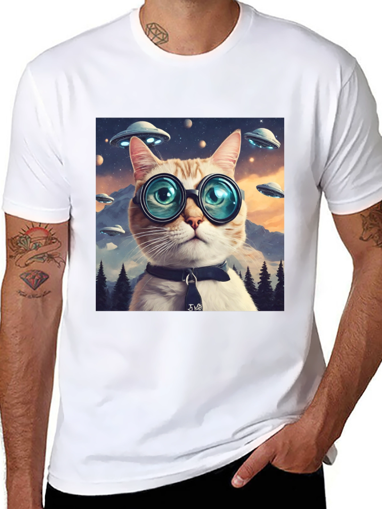 Cosmic Cat T-Shirt - UFOs and Glasses
