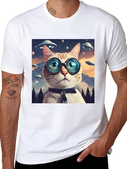 Cosmic Cat T-Shirt - UFOs and Glasses