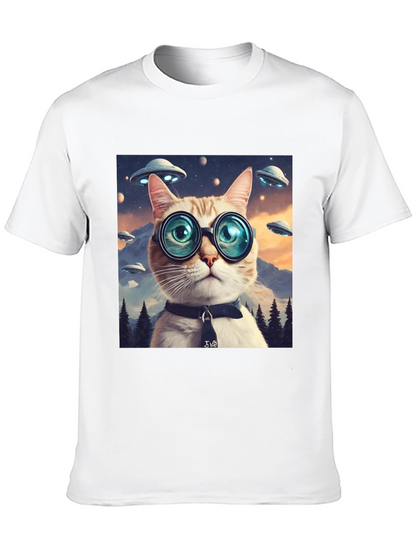 Cosmic Cat T-Shirt - UFOs and Glasses