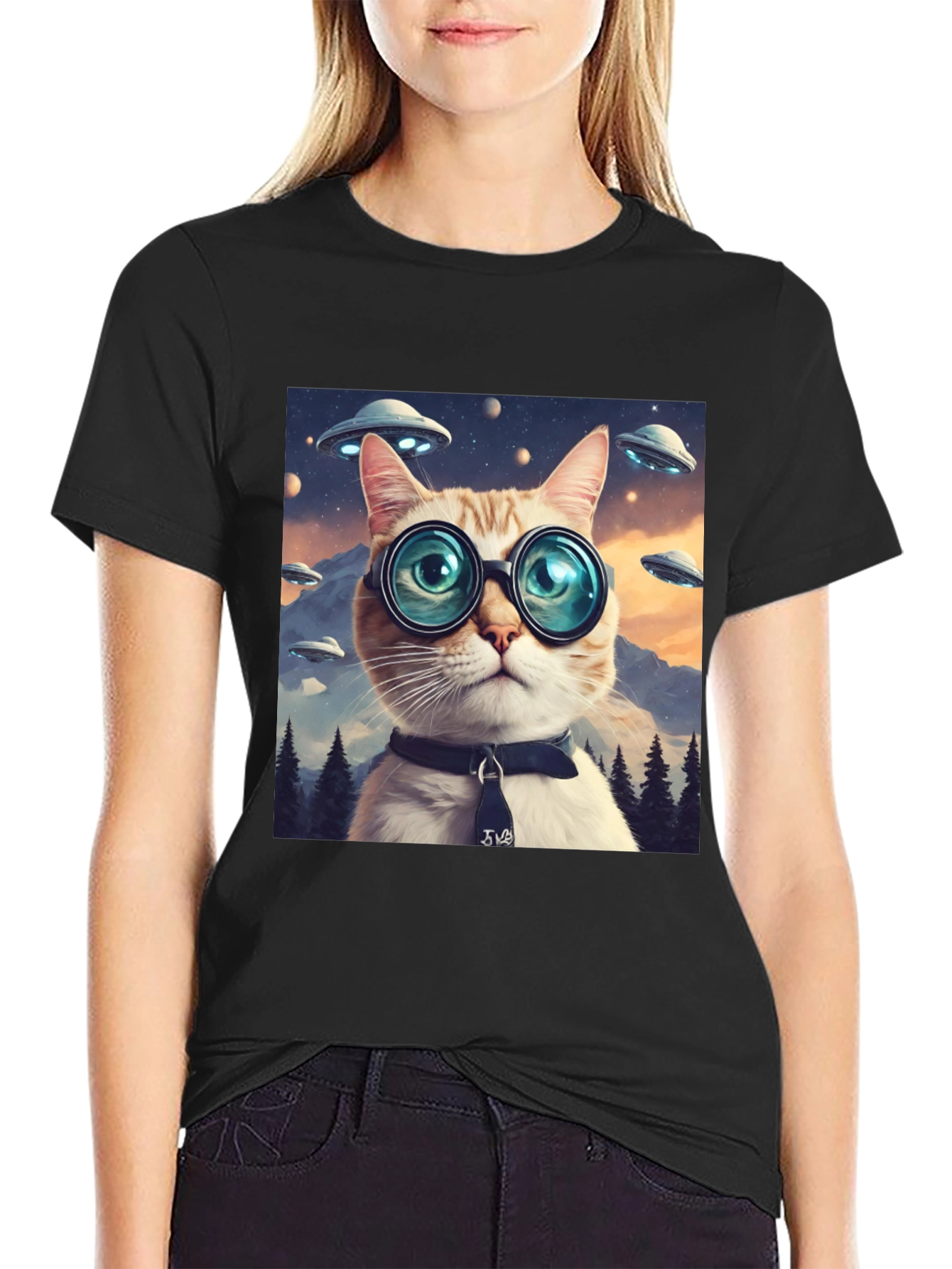 Cosmic Cat T-Shirt - UFOs and Glasses