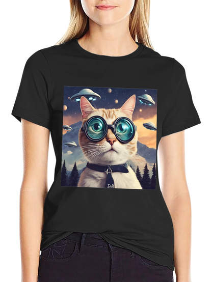 Cosmic Cat T-Shirt - UFOs and Glasses
