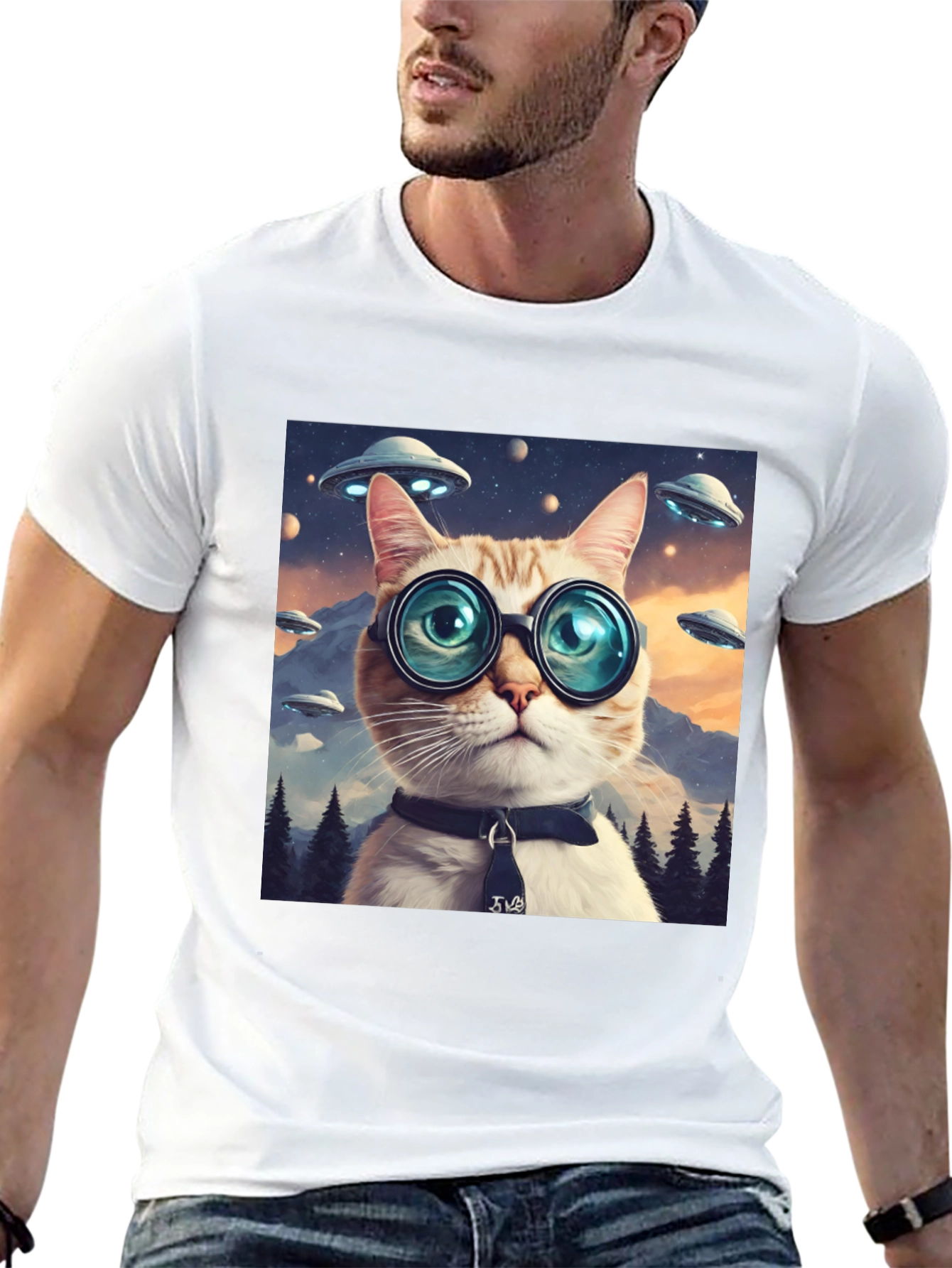 Cosmic Cat T-Shirt - UFOs and Glasses