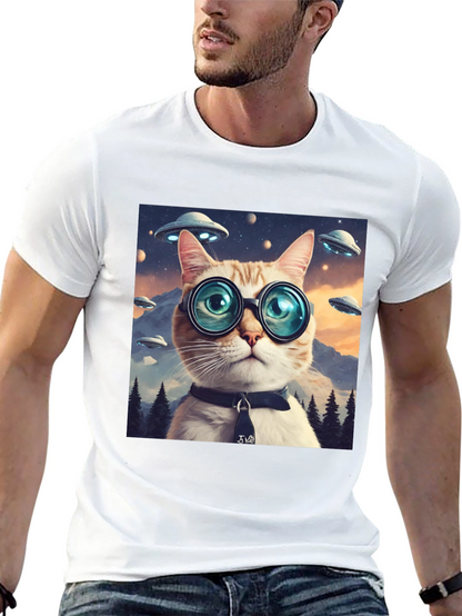 Cosmic Cat T-Shirt - UFOs and Glasses