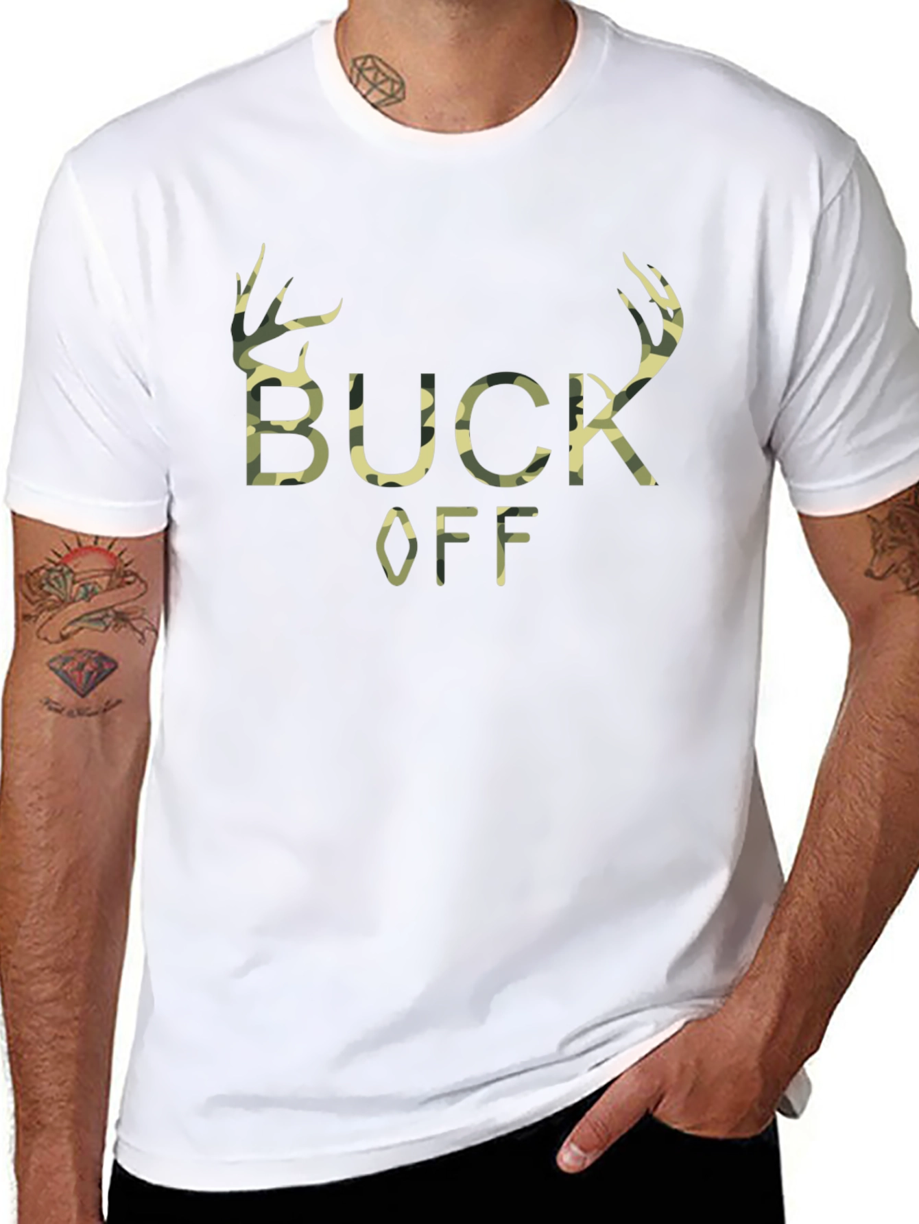 Buck Off Camo Print Graphic T-Shirt