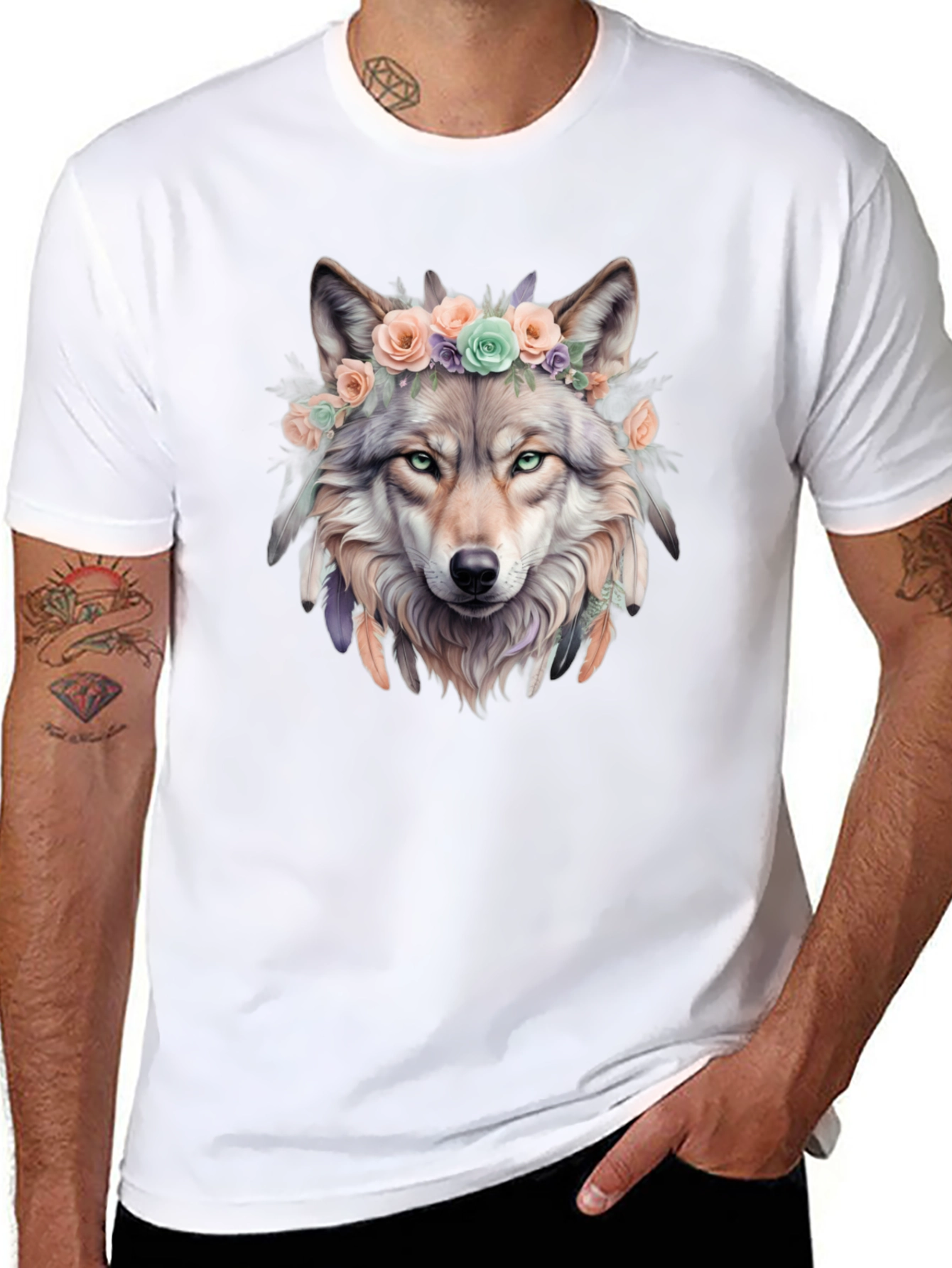 Wolf Flower Crown Graphic Tee - Unique Design