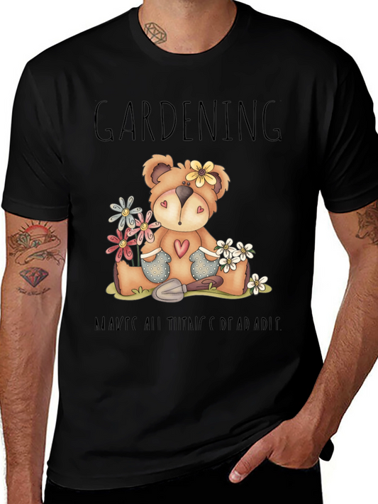 Gardening Teddy Bear Black Graphic T-Shirt