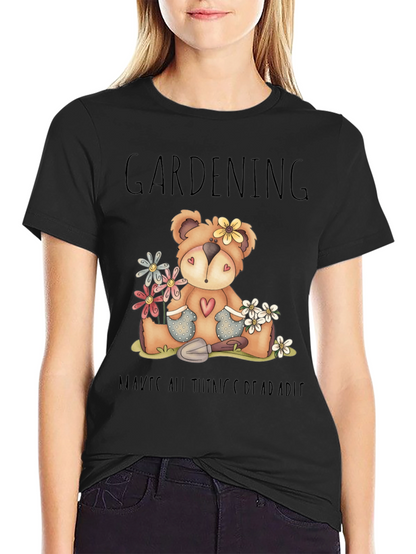 Gardening Teddy Bear Black Graphic T-Shirt