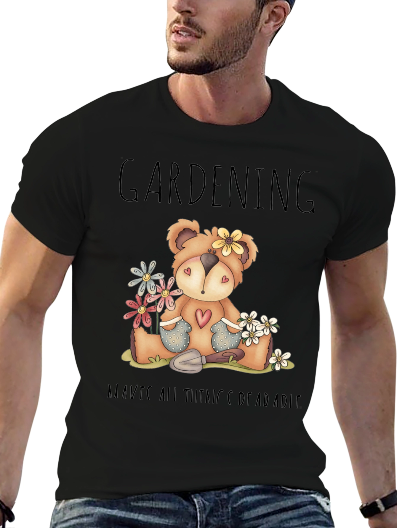 Gardening Teddy Bear Black Graphic T-Shirt