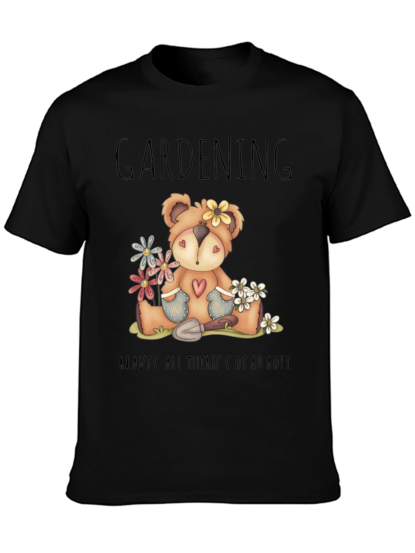Gardening Teddy Bear Black Graphic T-Shirt