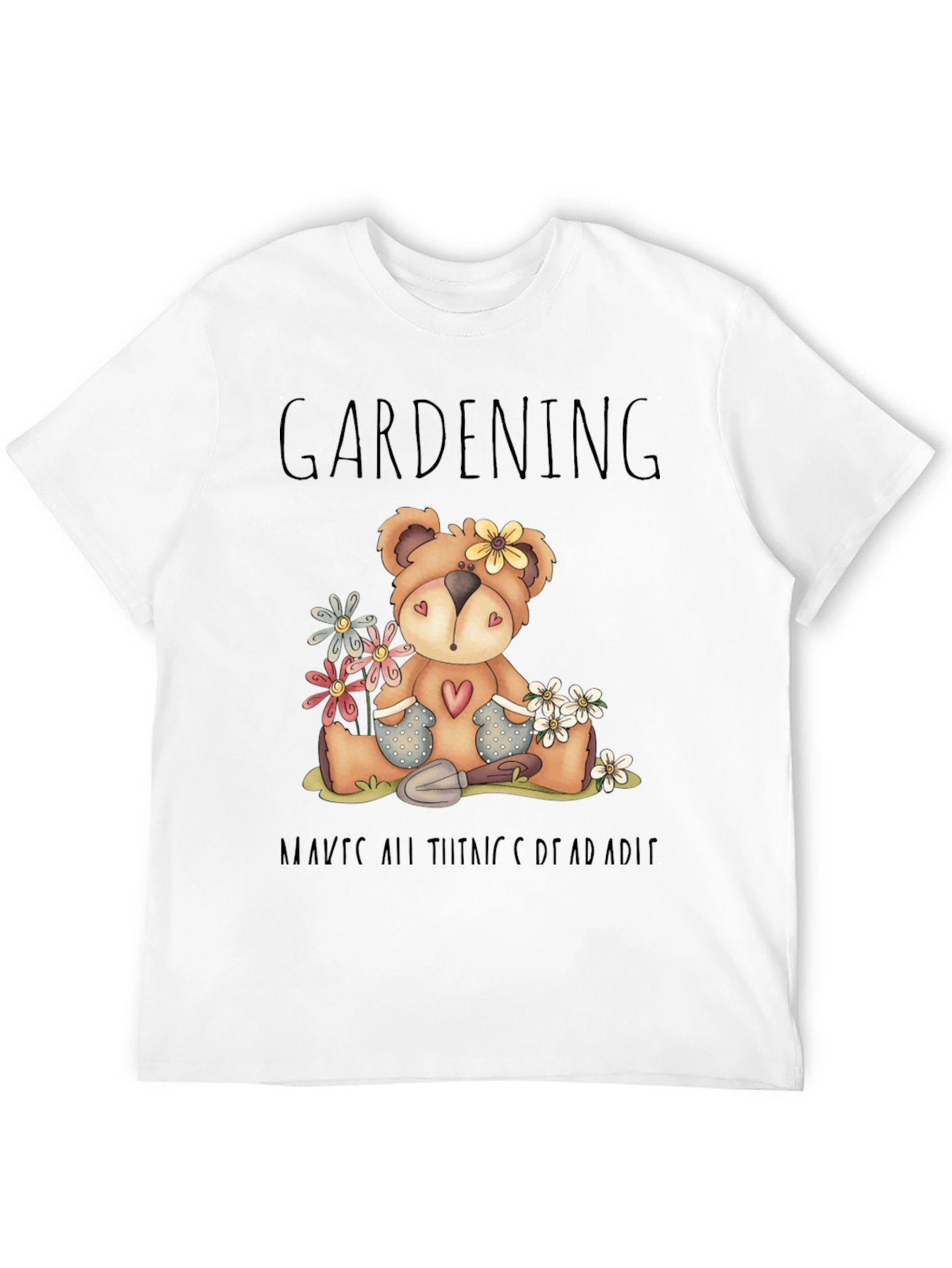 Gardening Teddy Bear Black Graphic T-Shirt