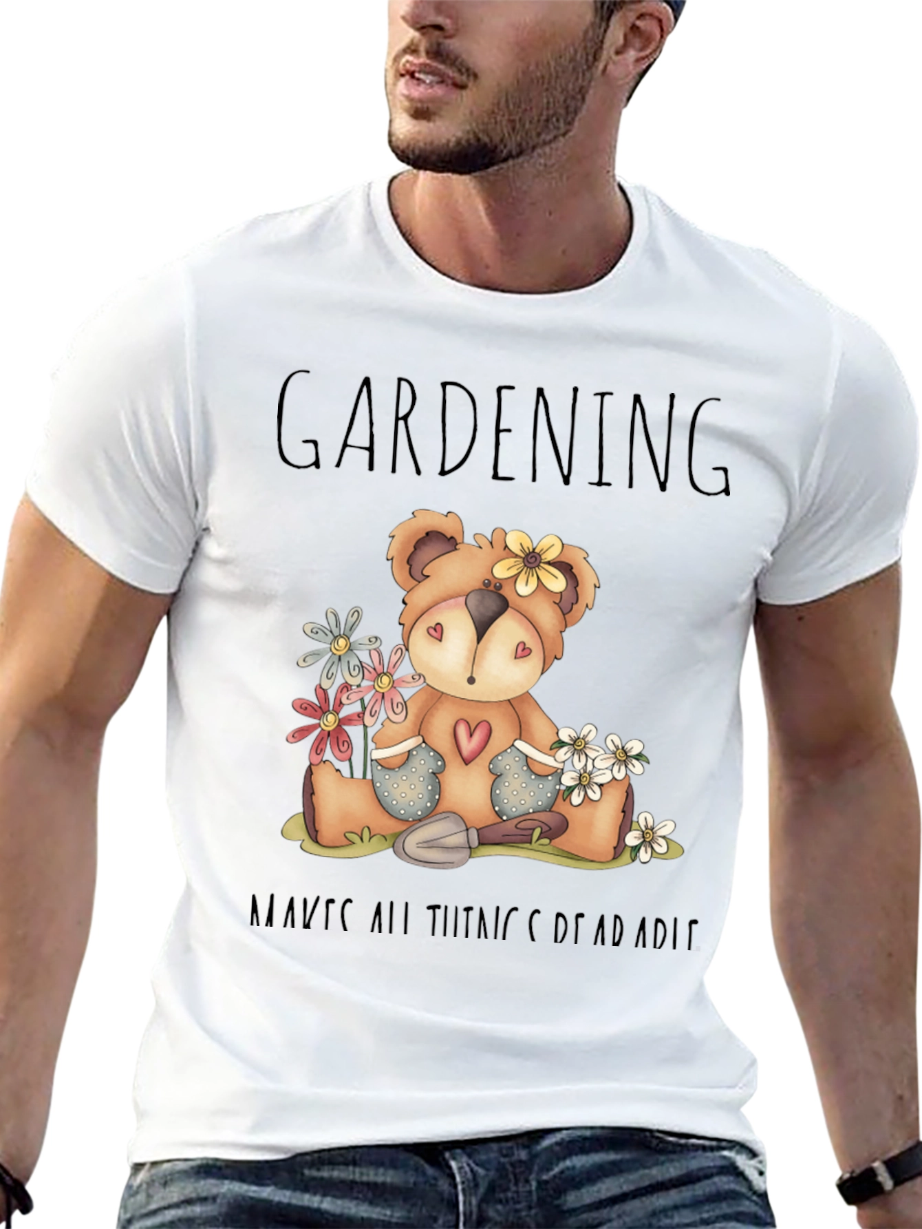 Gardening Teddy Bear Black Graphic T-Shirt