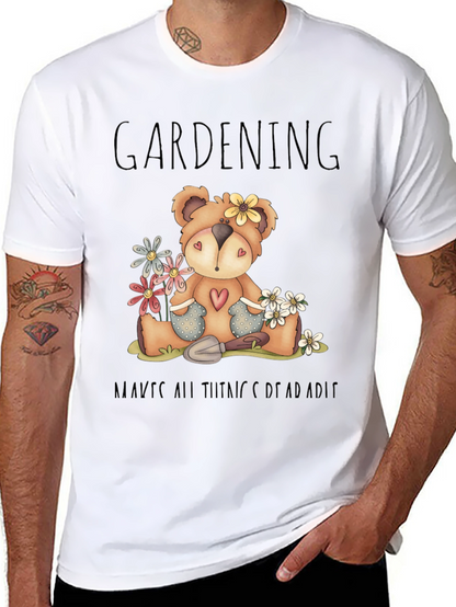 Gardening Teddy Bear Black Graphic T-Shirt