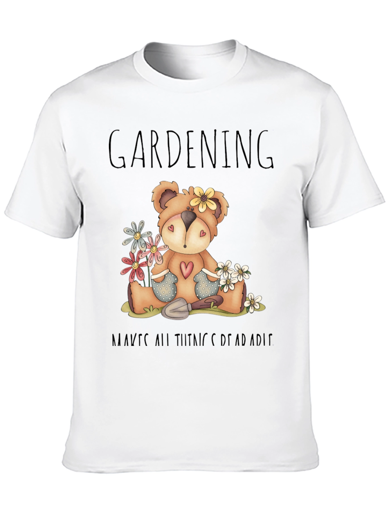 Gardening Teddy Bear Black Graphic T-Shirt