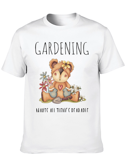 Gardening Teddy Bear Black Graphic T-Shirt