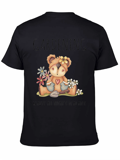 Gardening Teddy Bear Black Graphic T-Shirt