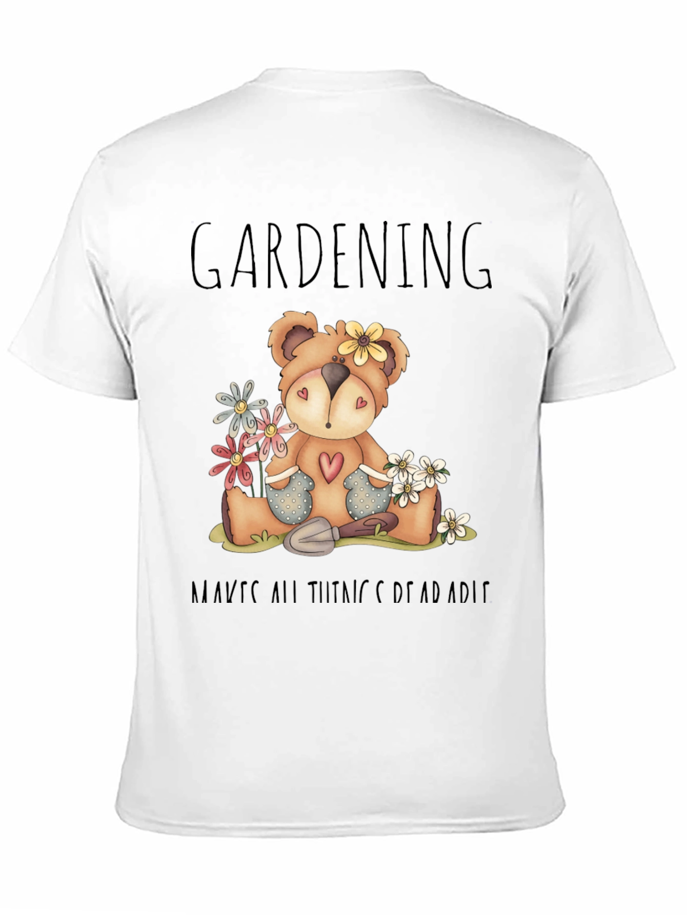 Gardening Teddy Bear Black Graphic T-Shirt