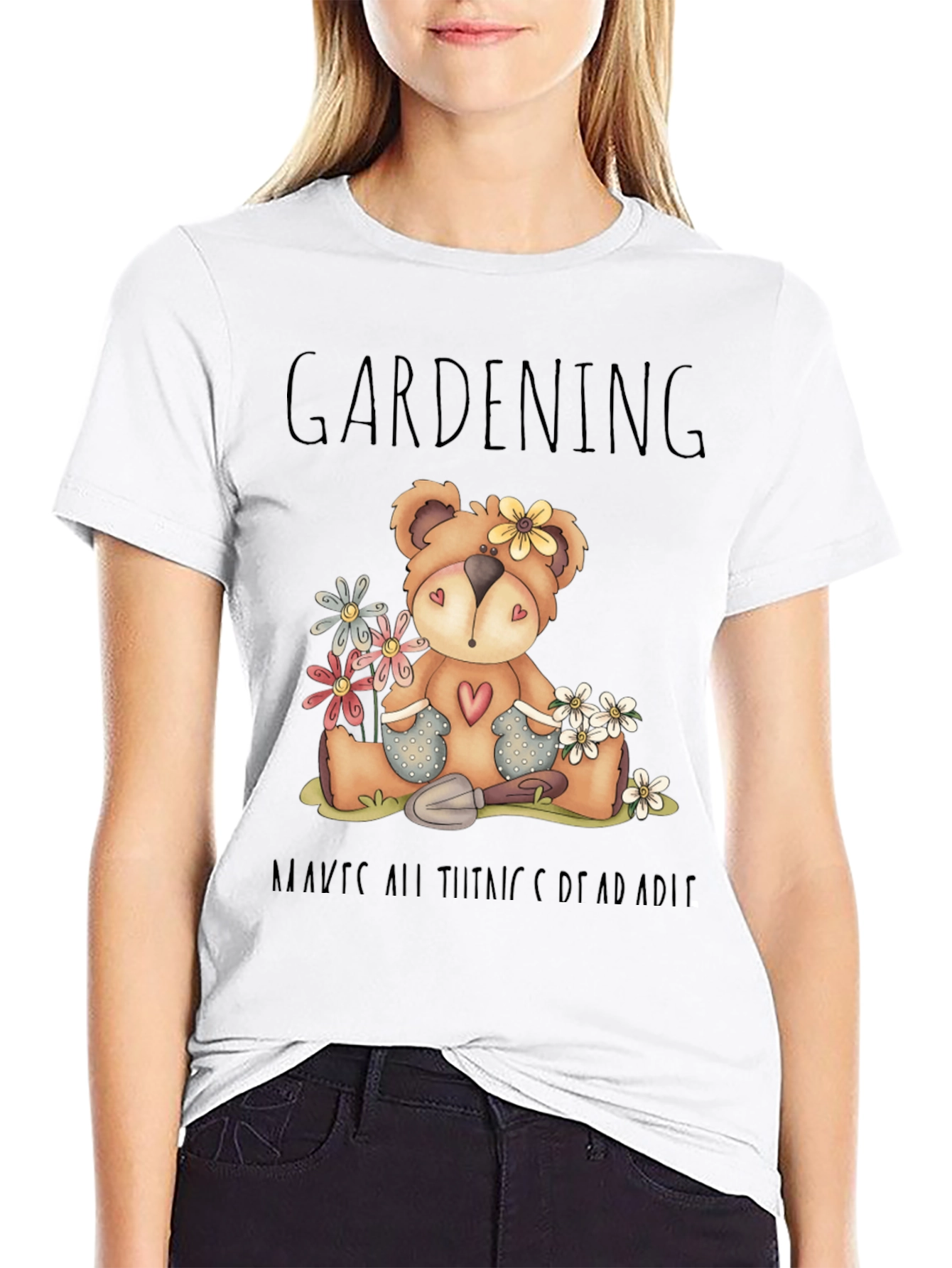 Gardening Teddy Bear Black Graphic T-Shirt