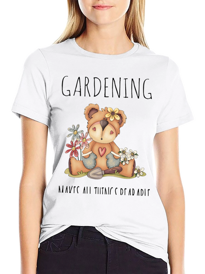 Gardening Teddy Bear Black Graphic T-Shirt