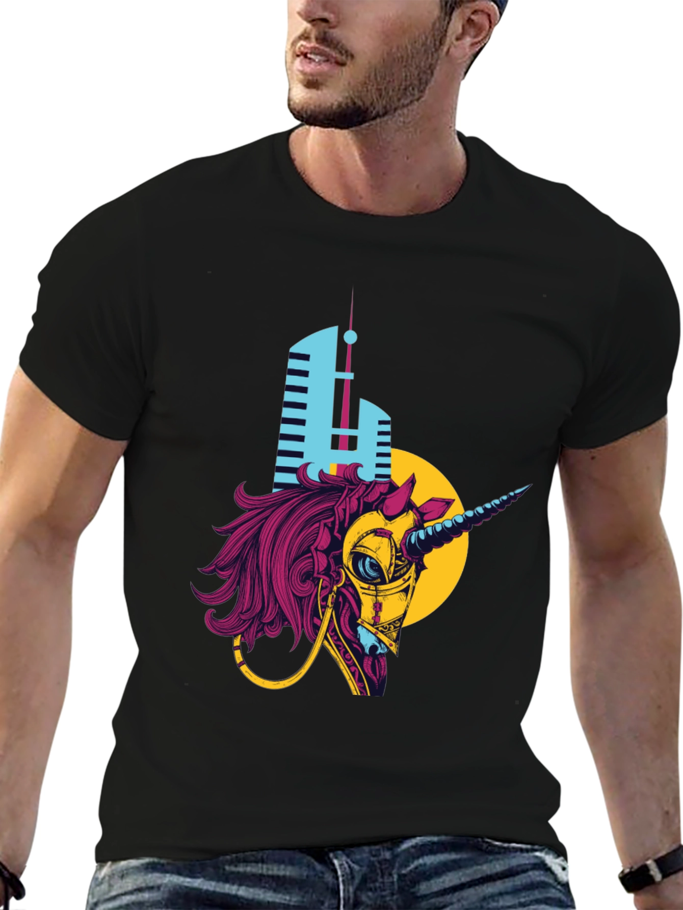 Cyberpunk Unicorn Graphic T-Shirt - Black