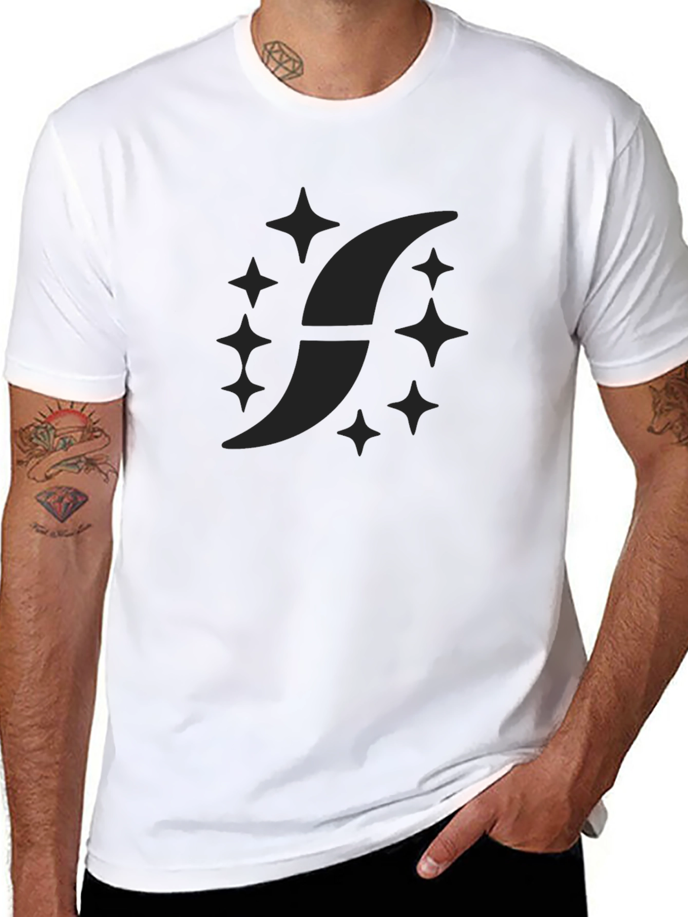 Mens Black Graphic Tee - Crescent & Stars Design