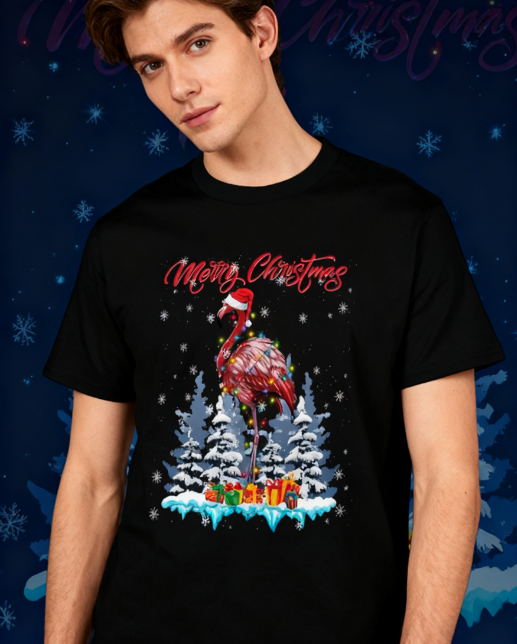 Merry Christmas Flamingo Graphic T-Shirt - 100% Cotton, Festive Exclusive for Holiday Parties & Casual Occasions