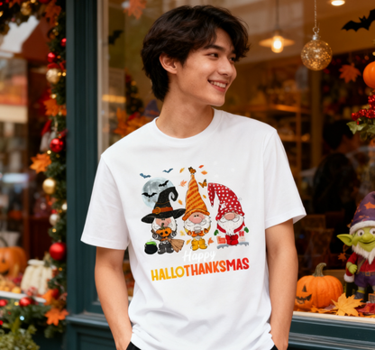 Happy HalloThanksMas Gnome T-Shirt - 100% Cotton, Festive Tee for Halloween, Thanksgiving & Christmas Celebrations