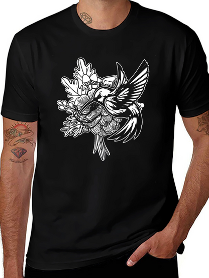 Hummingbird Floral Graphic Tee - Black Cotton