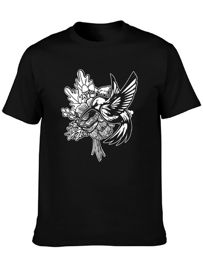 Hummingbird Floral Graphic Tee - Black Cotton