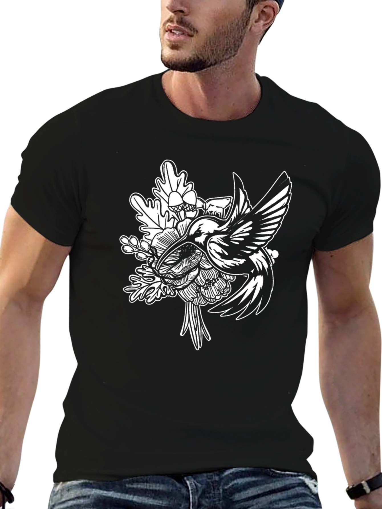 Hummingbird Floral Graphic Tee - Black Cotton