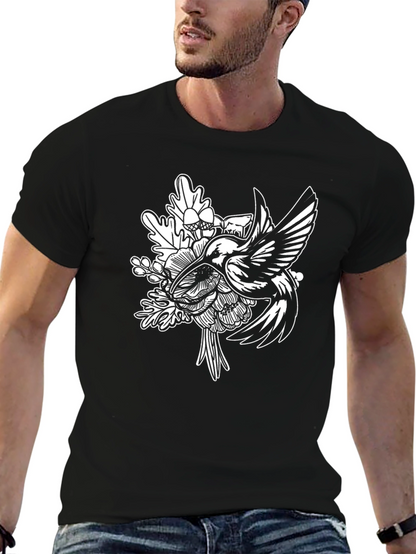 Hummingbird Floral Graphic Tee - Black Cotton