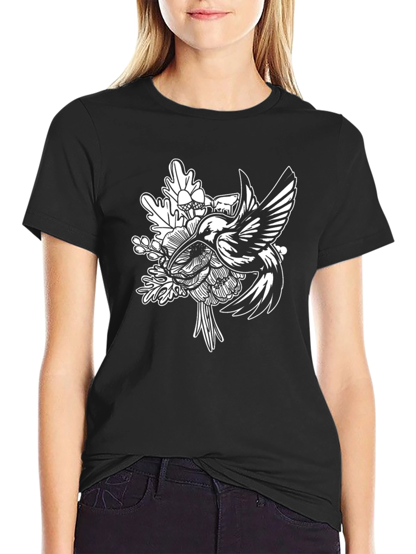 Hummingbird Floral Graphic Tee - Black Cotton