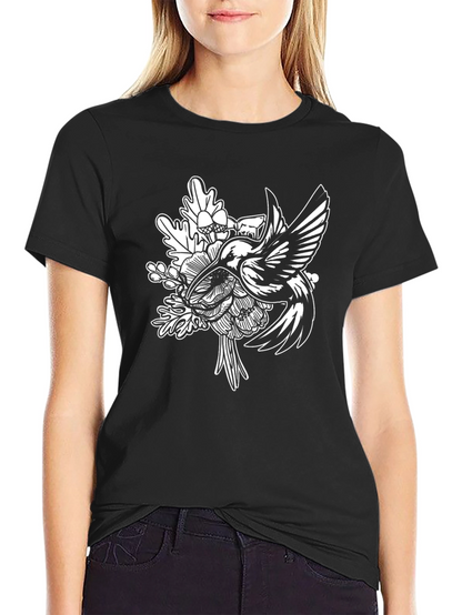 Hummingbird Floral Graphic Tee - Black Cotton