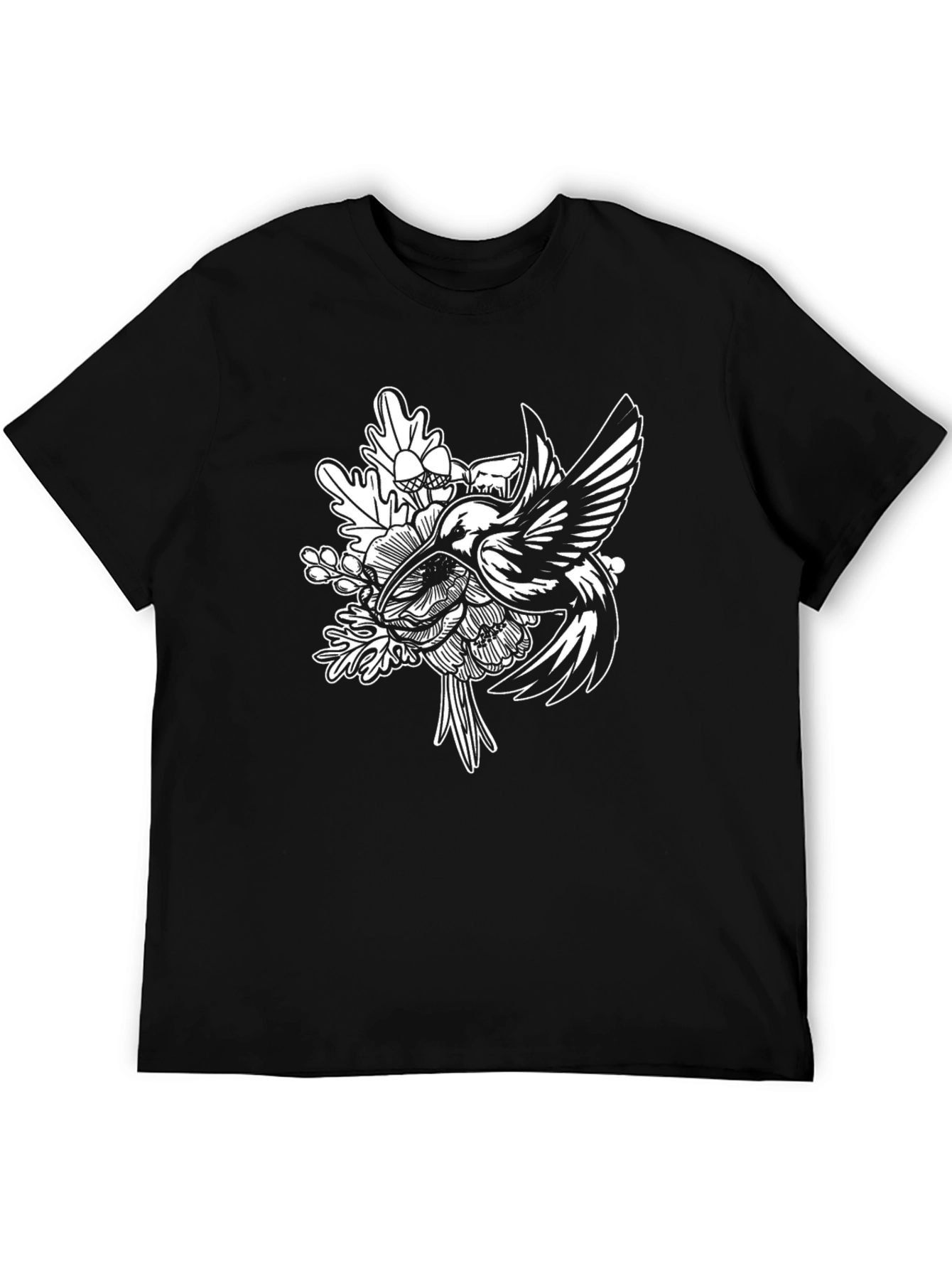 Hummingbird Floral Graphic Tee - Black Cotton
