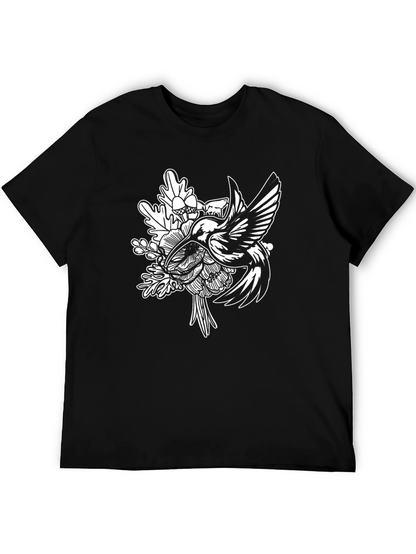 Hummingbird Floral Graphic Tee - Black Cotton