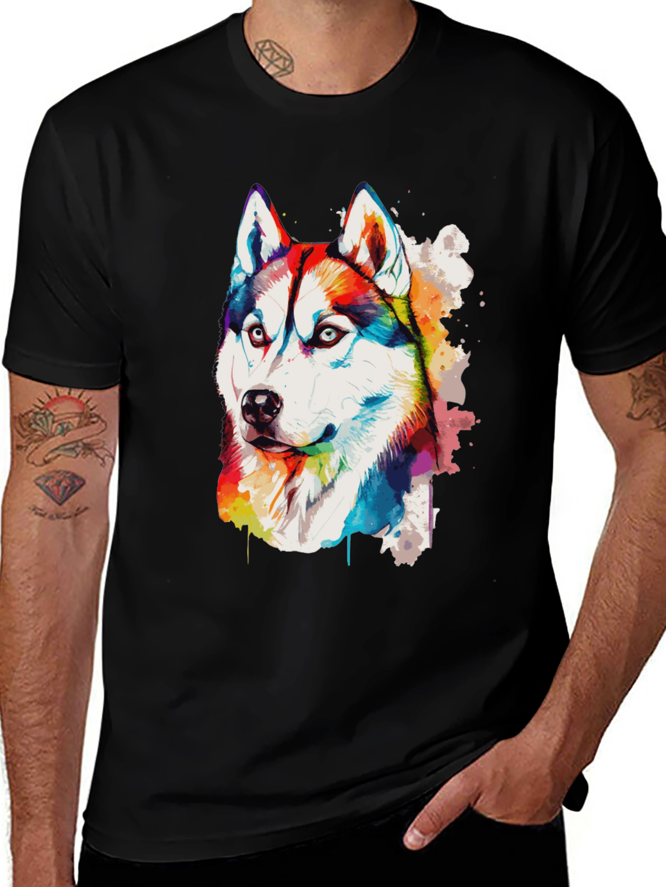 Rainbow Husky Dog Graphic Black T-Shirt
