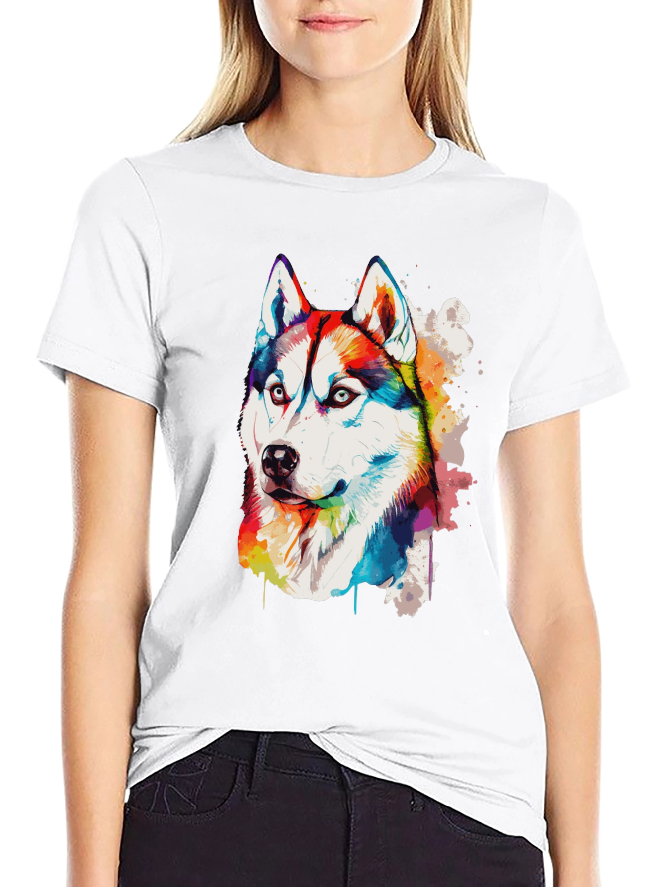 Rainbow Husky Dog Graphic Black T-Shirt