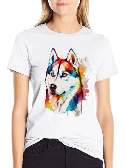 Rainbow Husky Dog Graphic Black T-Shirt