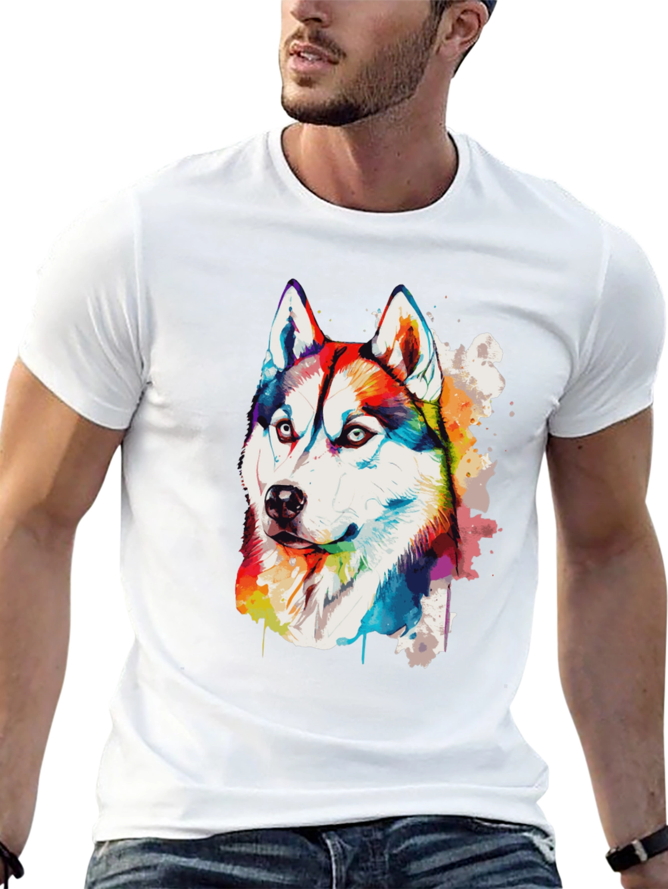 Rainbow Husky Dog Graphic Black T-Shirt