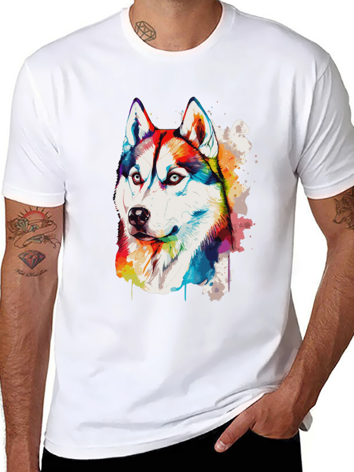 Rainbow Husky Dog Graphic Black T-Shirt