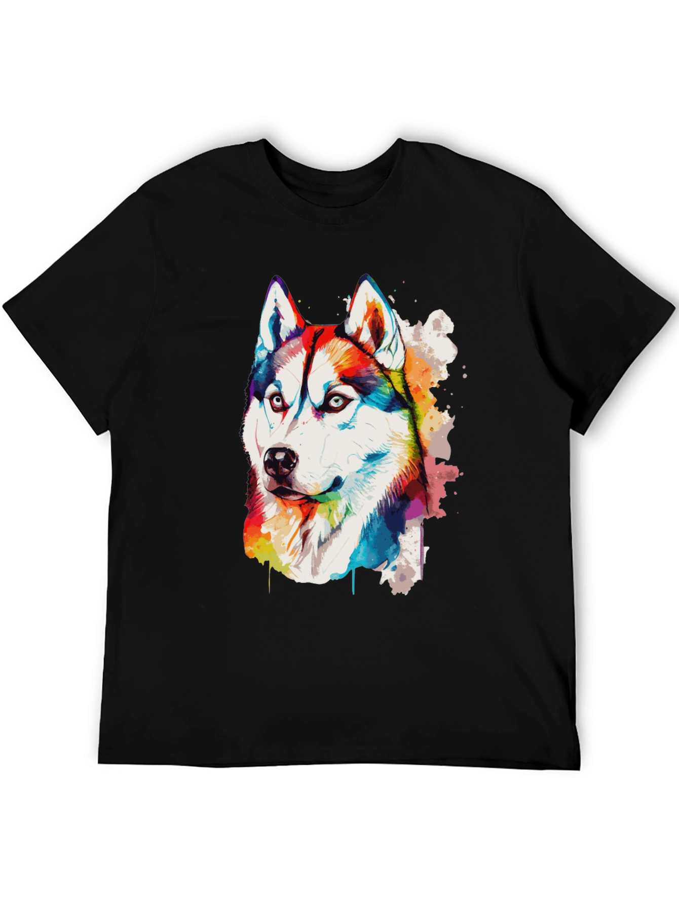 Rainbow Husky Dog Graphic Black T-Shirt